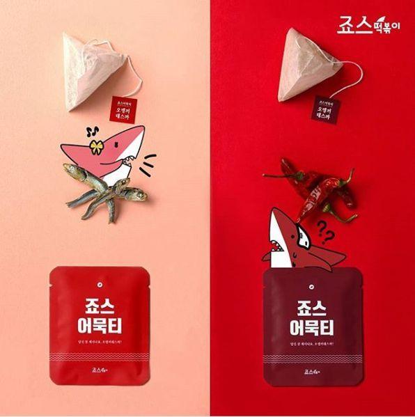 Joe's Tteokbokki introduces two versions of their Korean odeng soup tea bags: traditional and spicy, illustrated with cute sharks.